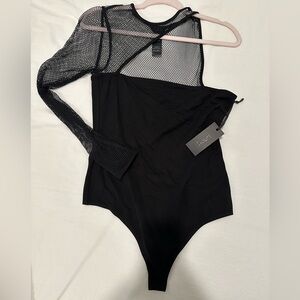 h:ours Asymmetrical Black Bodysuit with Mesh Detail